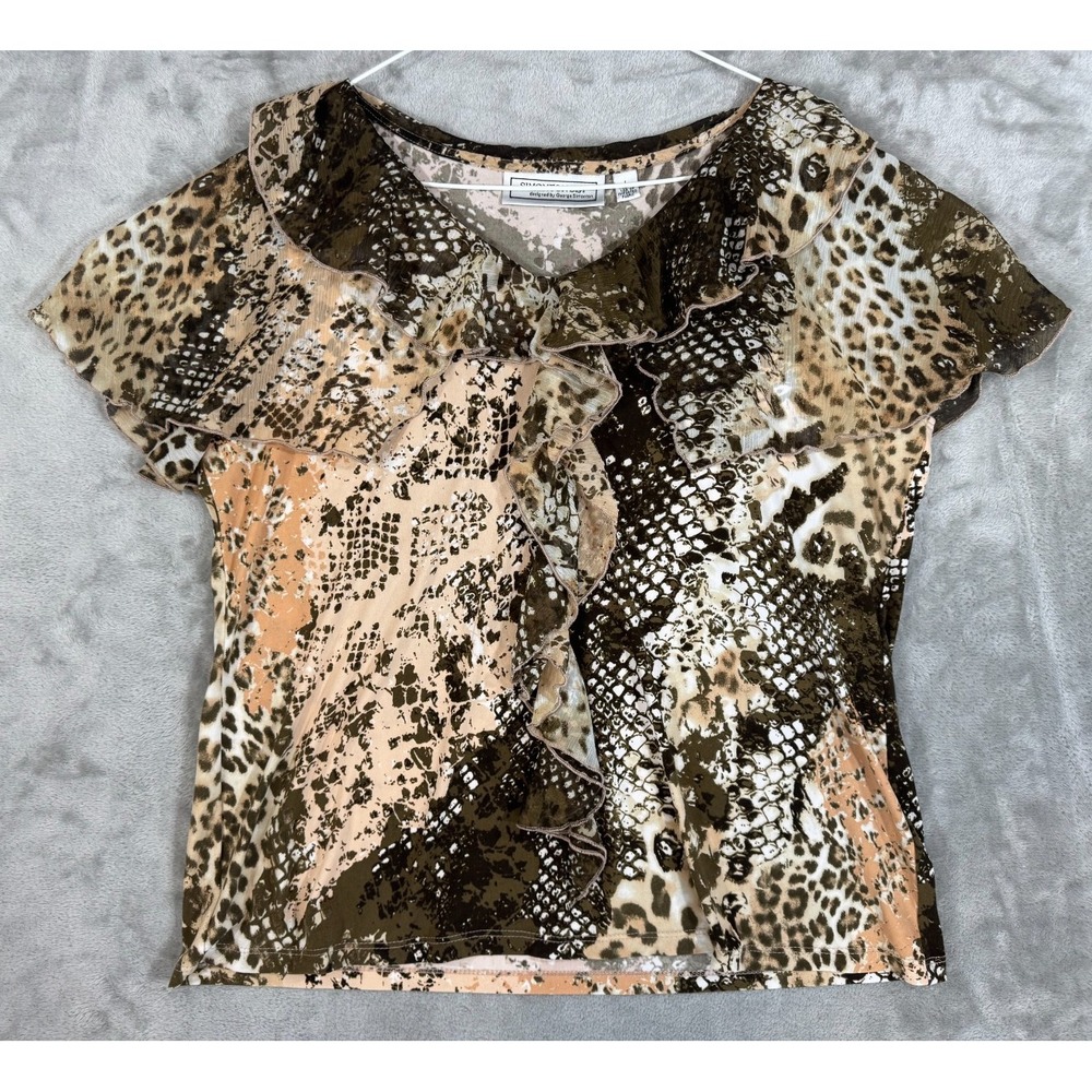 Simonton Says Ruffled Blouse Womens L Brown Flutter Sleeve Cheetah Leopard Print